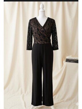 Marina Black Lace Overlay Jumpsuit With Faux Wrap Bodice & 3/4 Sleeves size 8 El